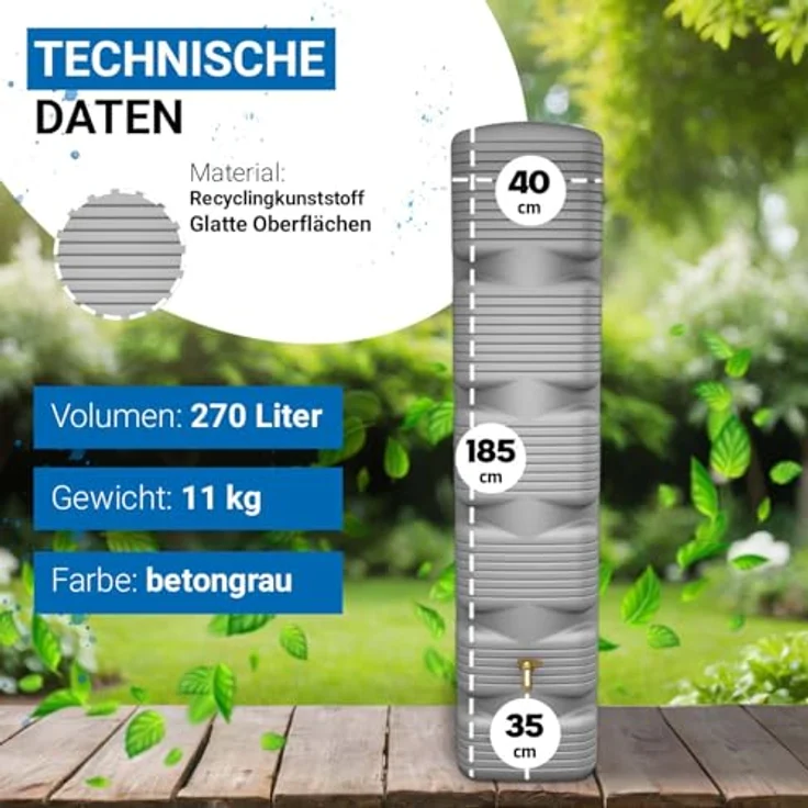 4rain Quadro Regentonne 270 Liter, betongrau, Wandtank aus witterungsbeständigem Recyclingkunststoff mit vielseitiger Wasserentnahme und platzsparendem Design – Bild 3