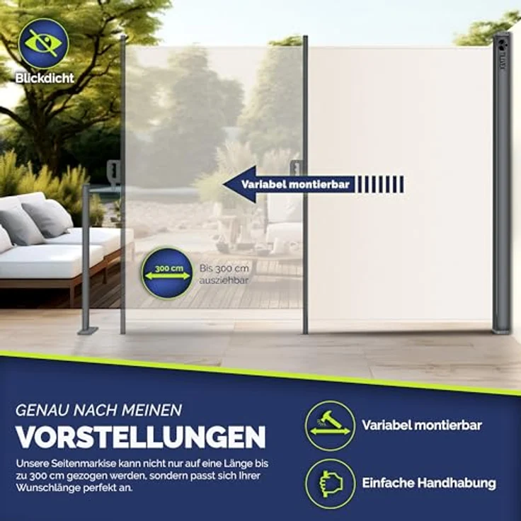 tillvex® Seitenmarkise 160 x 300 cm ausziehbar & Blickdicht | Sichtschutz für Balkon, Garten & Terrasse | Seitenrollo mit Wandhalterung | Sonnenschutz aus rostfreiem Stahl | Markise Windschutz – Bild 2