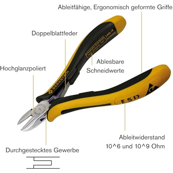 Bernstein Tools 3-602-15 ESD Seitenschneider, 120mm, aus Spezial-Werkzeugstahl mit ableitfähiger 2-K Handschutzhülle – Bild 3