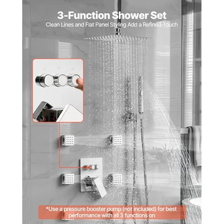 VEVOR Duschsystem-Set, 10 Zoll Regenduschsystem mit 6 Körperbrausen, 2 in 1 Handbrause, Messingventil und Chrom-Verkleidung – Bild 2