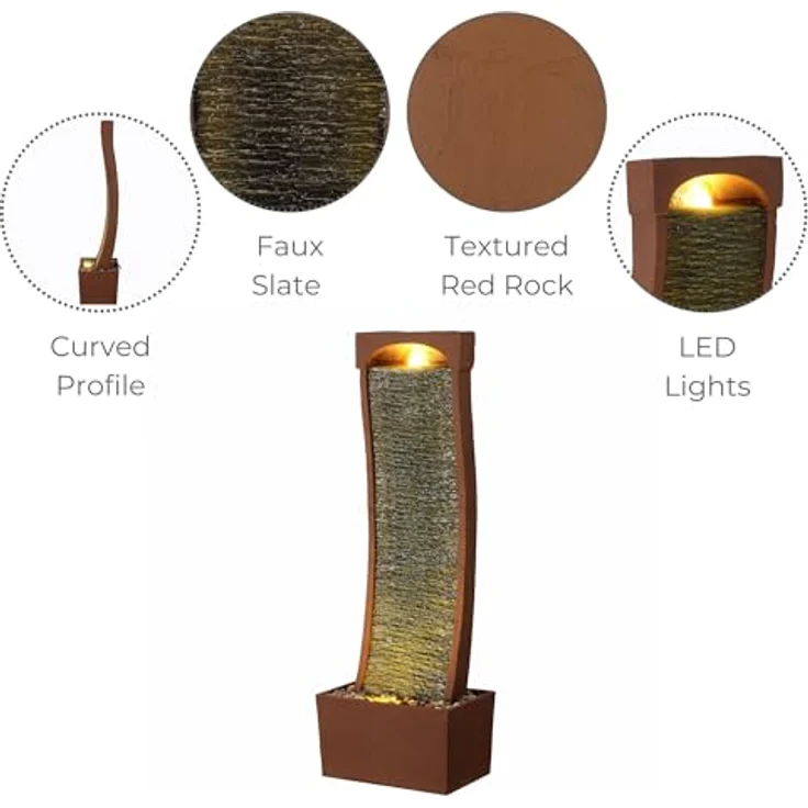 Teamson Home Gartenbrunnen, geschwungener Wasserfallbrunnen mit LED in rot, 97 cm, rostbeständig – Bild 7