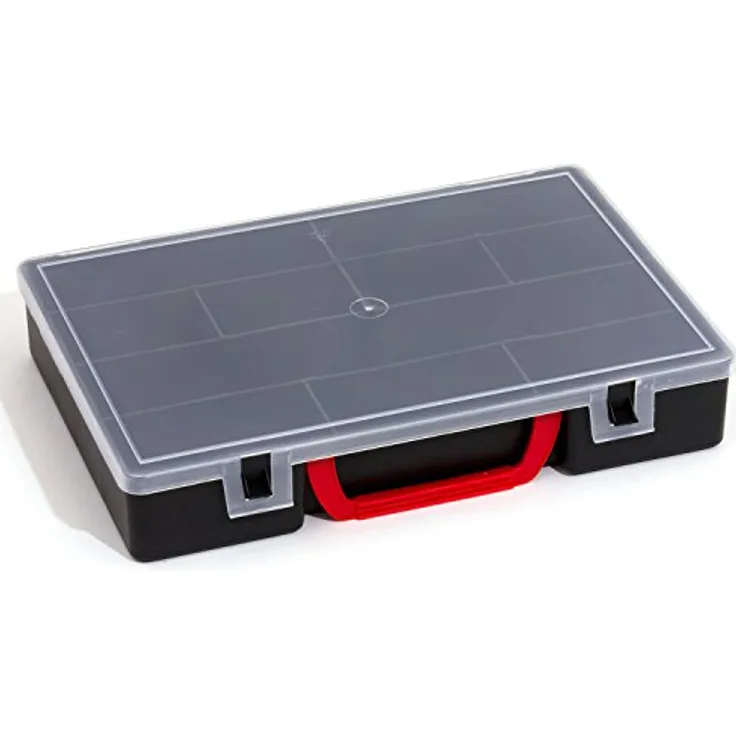 Patrol Großer Sortimentskasten Organizer, Schwarz, 10 Fächer, 300 x 220 x 55 mm mit Klarsichtdeckel und Klickverschluss