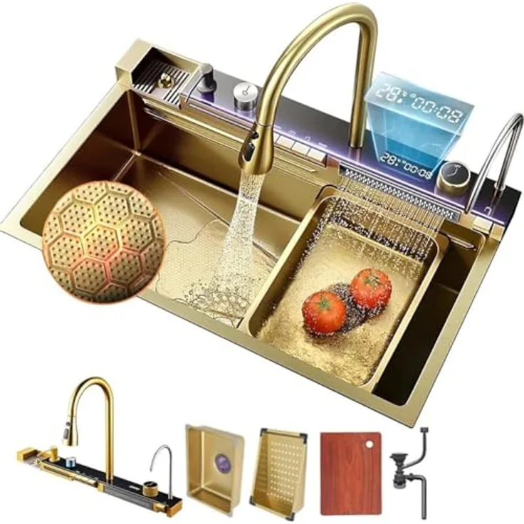 Faizee Möbel Neom Premium Edelstahlspüle & Nano Spülen in Gold - 4 Modelle mit 4-fach Wasserhahn, Wasserfall und Zubehör (75x45x20,5)