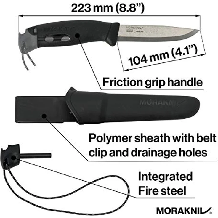 Morakniv Men's Spark Black, Outdoor-Messer mit rostfreier Schwedenstahlklinge, schwarzem TPE-Gummi-Griff und Feuerstarter – Bild 3