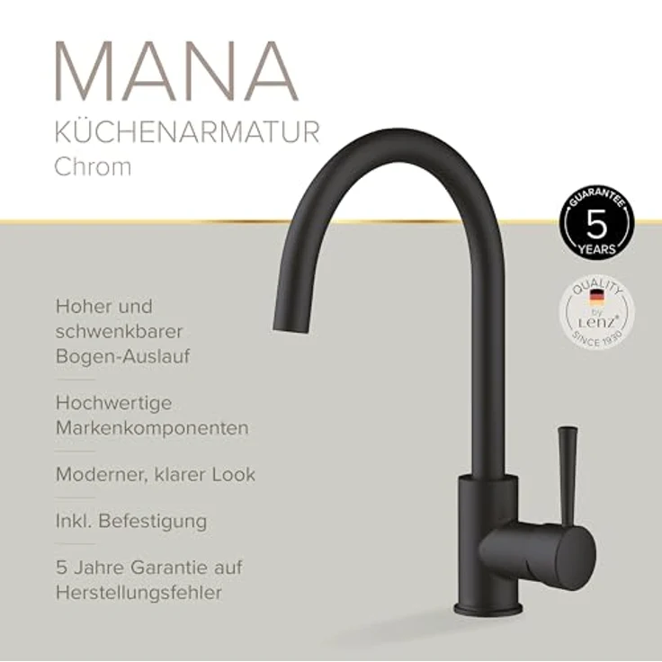 Lenz Küchenarmatur MANA, matte schwarze Armatur mit erhöhtem Auslauf und 360° Schwenkfunktion – Bild 3