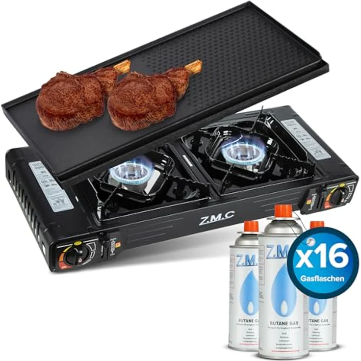 Z.M.C PREMIUM Camping Gaskocher 2-flammig + Grillplatte 45x24 cm + 16 Gaskartuschen 227g, mit Zündsicherung und Piezozündung, Edelstahl (Silber) – Bild 1