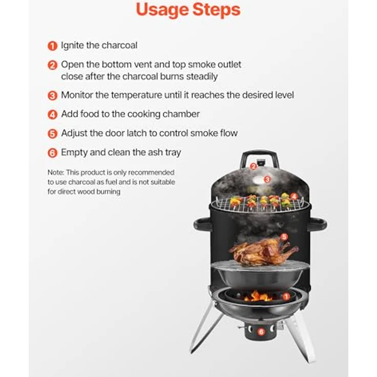 VEVOR Räuchertonne, 40 cm vertikaler Holzkohlegrill aus beschichtetem Stahl mit 2 Grillrosten, Thermometer und herausnehmbarer Ascheschale, BBQ Räucherofen für Grillpartys – Bild 6