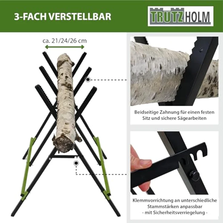 TRUTZHOLM Holzsägebock klappbar, pulverbeschichtet, 100 kg Traglast, 3-fach verstellbar, schwarz/grün – Bild 3