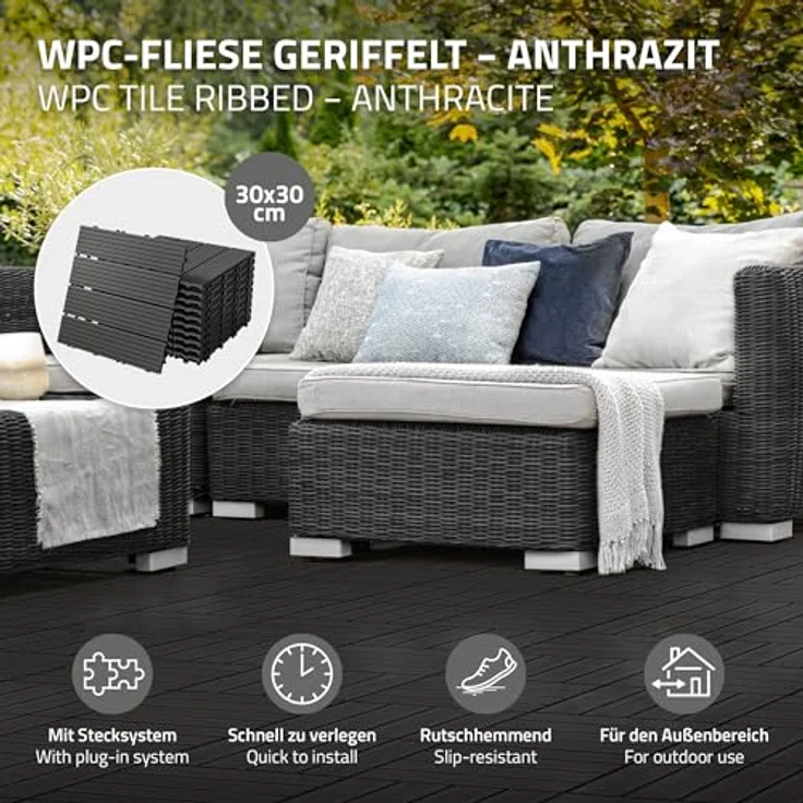 ECD Germany WPC Terrassenfliesen 30x30 cm 22er Spar Set für 2m² Anthrazit in Holzoptik für Garten Balkon Bodenbelag mit Drainage und Klicksystem Terrassendielen Balkonfliesen Klickfliesen Holzfliesen – Bild 3