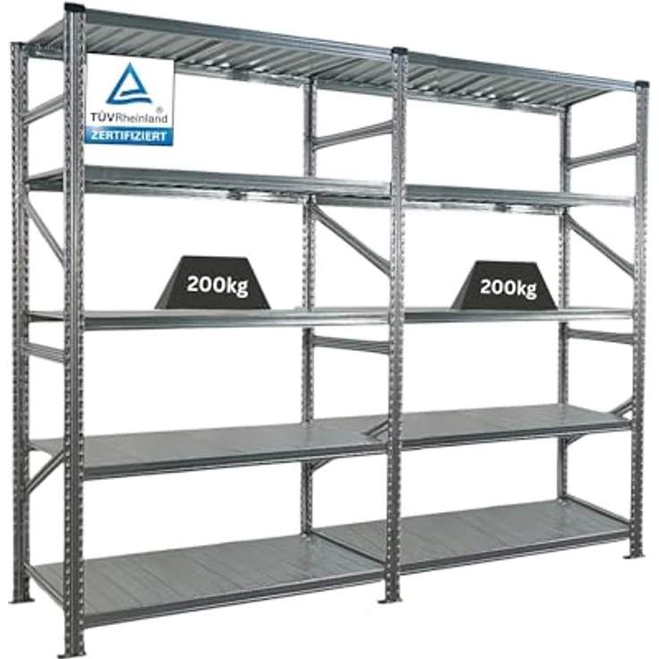 Proregal PROXIMO Metallregal Fachbodenregal, 200 x 240 x 70 cm, Traglast 200 kg pro Boden, 5 Böden, verzinkter Stahl, schraubenloses Stecksystem – Bild 1