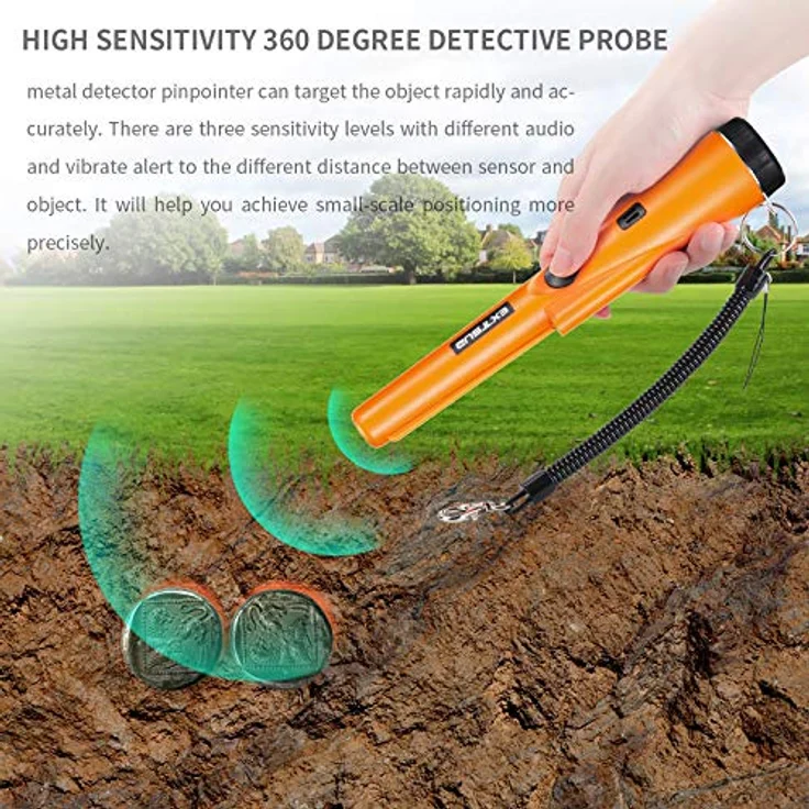 EXTSUD Tragbar Metallsuchgerät,Metallpointer Metalldetektor Metall Pin Pointer IP66 Wasserdichter mit eingebautem LED Indicator/Alarm Licht/ 360° Scan/Holster für Goldmünze Hunt, Relikte, Schmuck – Bild 4