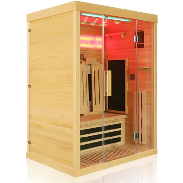 Dewello Infrarotkabine SALTCOATS 135 Wärmekabine, bis zu 2 Personen, BxTxH: 135 x 105 x 190 cm, mit Farblichttherapie, Ionisator, Natursalzstein, Multimedia (USB & Bluetooth) - Hemlock Holz, leichter Aufbau – Bild 3