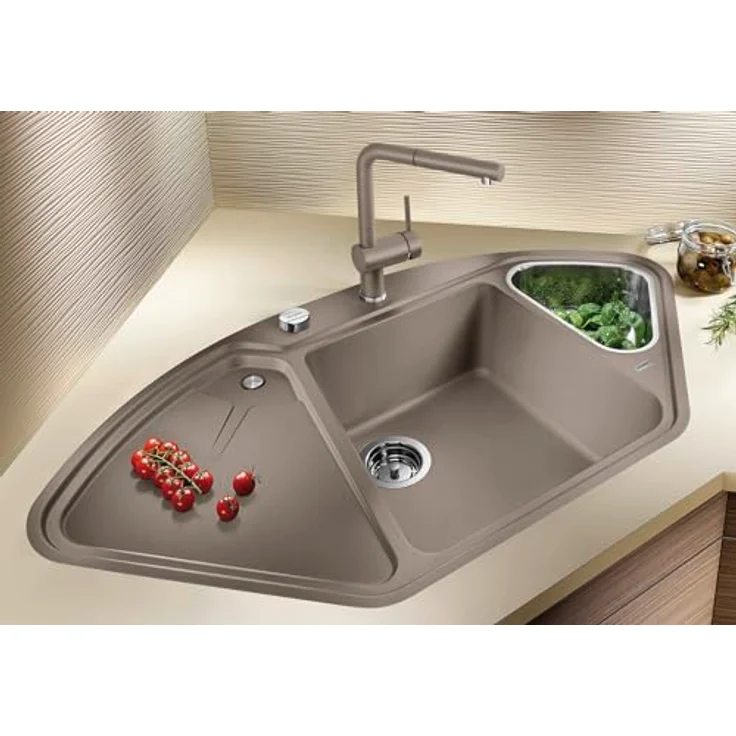 BLANCO DELTA II-F, SILGRANIT softweiß, Einbauart: Flächenbündig, Hauptbecken links, mit Ablauffernbedienung, mit Zubehör, 80er Unterschrank, Eckspüle, Ergonomische Anordnung vom Arbeitsbereich – Bild 2