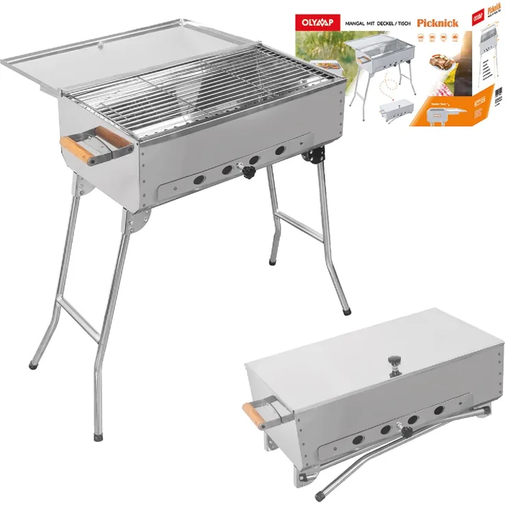 Olymp Mangal Edelstahl Picknick Schaschlik Grill mit Grillrost und Deckel, 60 x 33 x 80 cm, klappbare Beine und herausnehmbarer Kohlebehälter
