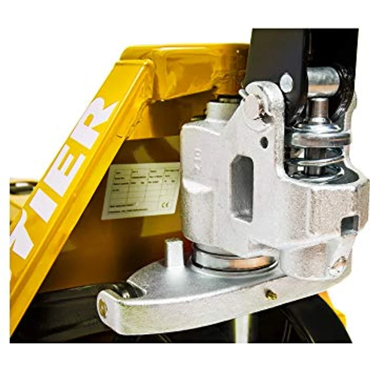 STIER Gabelhubwagen, Handhubwagen mit Tragkraft 2500 kg, Gabellänge 1150 mm, vormontiert, Nylon-Rollen, Gelb, Lenkeinschlag 210° – Bild 2