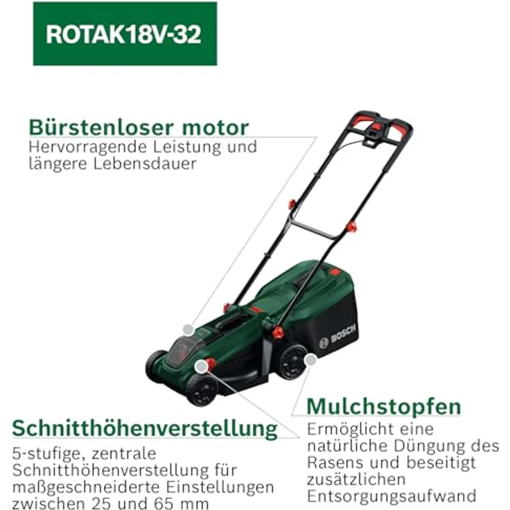 Bosch Akku-Rasenmäher Rotak18V-32, 32 cm Schnittbreite, inkl. 18 V 4,0 Ah Akku und Ladegerät, 3-in-1-Funktionalität – Bild 3