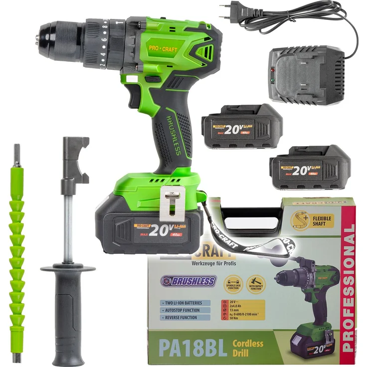 Procraft PA18BL Akku-Bohrschrauber, 20 V, 50 Nm Drehmoment, stufenlose Drehzahlregelung, mit 2 x 4,0 Ah Akkus und LED-Leuchte, im Transportkoffer