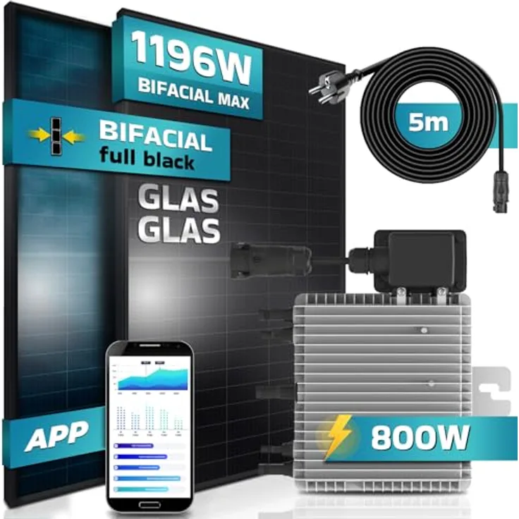 SUNNIVA® Balkonkraftwerk FULL BLACK BIFACIAL 1196W/800W Solaranlage mit 800W DEYE Micro Wechselrichter Wifi, upgradebar drosselbar, 2x460W Bifaziale All Black Solarmodule, 5m Kabel, Photovoltaikanlage