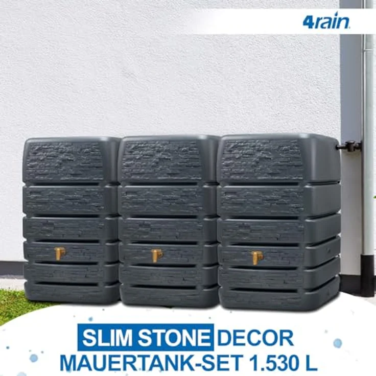 4rain Slim Stone Decor Regentonne Mauertank-Set 1530 Liter, wetterfester Wassertank in Graphite Grey mit flexiblen Anschlussmöglichkeiten – Bild 2