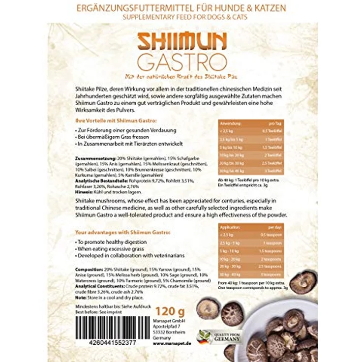 Bellfor Shiimun Gastro 120 g | natürliche Nahrungsergänzung für Hunde und Katzen: fördert eine gesunde Verdauung, REGT den Appetit an, mit Shiitake – Bild 3