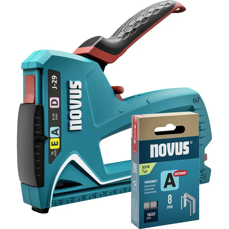 NOVUS Nagler Novus Tools J-29 030-0460 Handtacker Klammerntyp Typ 53F, Typ 53, Typ - Profi-Tacker mit Metall-Gehäuse, Feindraht- und Flachdrahtklammern, 16 mm Nägel, inkl. 1800 Feindrahtklammern A, Ergonomischer Softgrip-Hebel, Blau