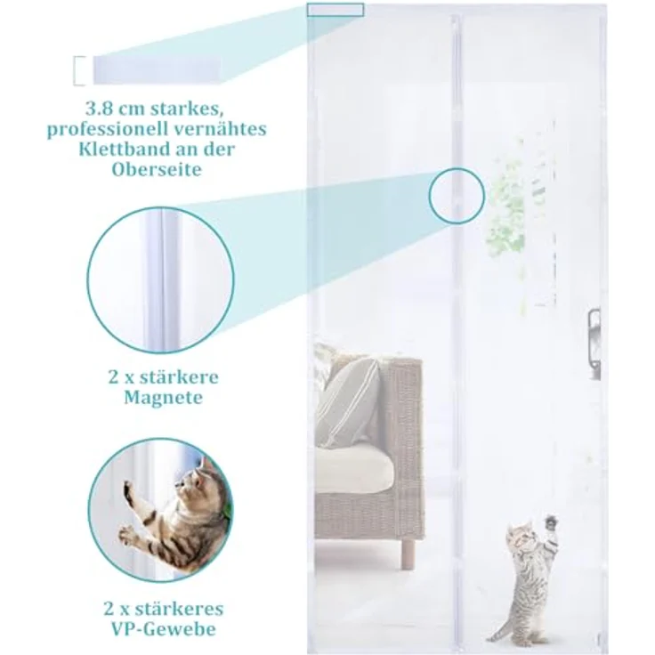 Apalus VP Fliegengitter Tür, Magnet Insektenschutz 120x240 cm, Katzenkrallen Sicher, Stärkere Magneten, 3.8 cm Breites Klettband, Langlebiges VP Material – Bild 2