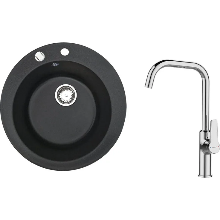 manestein Granitspüle Vika Granit Rund Küchenspüle, Graphit-Schwarz Gesprenkelt, 49/17 cm, mit Hoch Chrom Armatur und Siphon Ø49cm - Preisvergleich