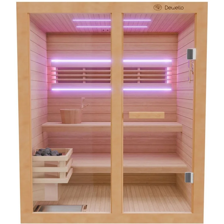 Dewello Sauna TOFINO 160x150 Finnische Sauna, 3 Personen, Saunaofen Harvia 4,5KW, Hemlock-Tannenholz, leichter Aufbau – Bild 1