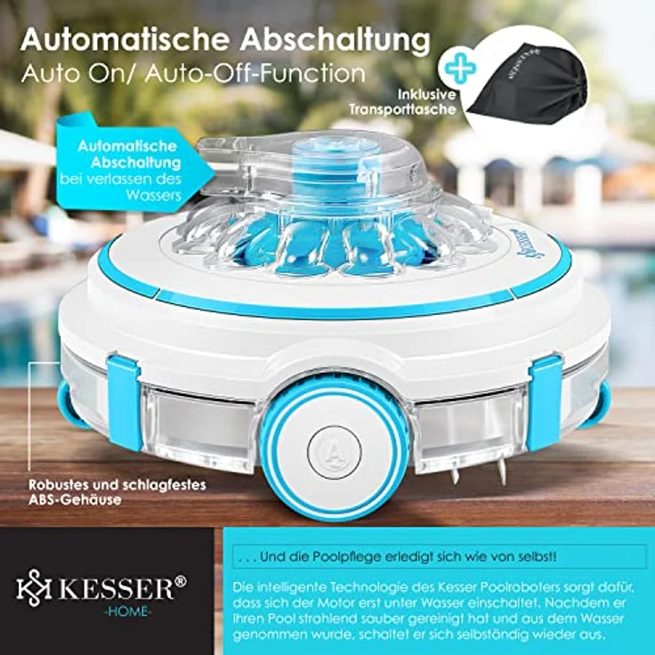 KESSER® Poolroboter Poolreiniger Akku Aqua-9000 inkl. Transporttasche Pool Roboter für bis 80m² Pools, Li-Ion Akku max. 75 min, Kabellos Poolsauger Bodenreinigung Vollautomatisch Bodensauger Türkis – Bild 6
