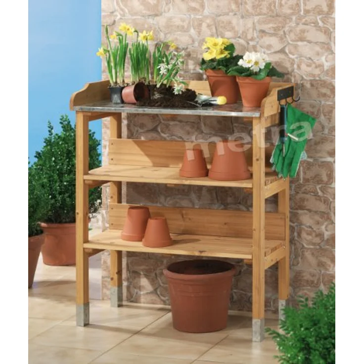 metra-direkt Pflanztisch mit Zinkplatte - Robuster Gartenarbeitstisch aus Kiefernholz, mit Hakenleisten, 76 x 89 x 37 cm, Holz – Bild 5