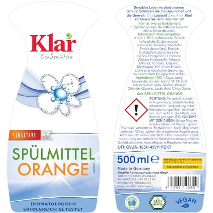 Almawin Klar Spülmittel, Orange, 500ml, Geschirrspülmittel mit natürlichem ätherischen Orangenöl – Bild 8
