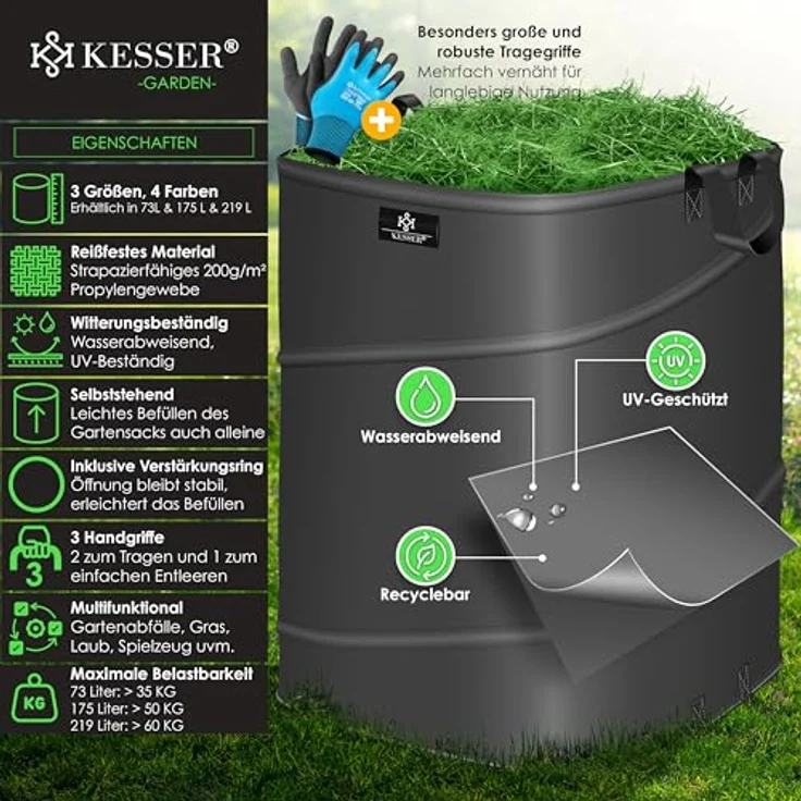 KESSER® Pop-Up-Gartensack 3x 175L Set, selbststehend, faltbar, inkl. Handschuhe, robustes Propylengewebe, stabil mit Griffen, für Laub- und Gartenabfälle – Bild 2