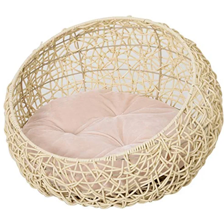 PawHut Katzenbett aus Rattan Katzenhöhle mit Kissen Katzenkorb Hundebett Katzenschlafplatz Hundehütte Tierbett für Katzen Hunde Beige Ø56 x 35 cm