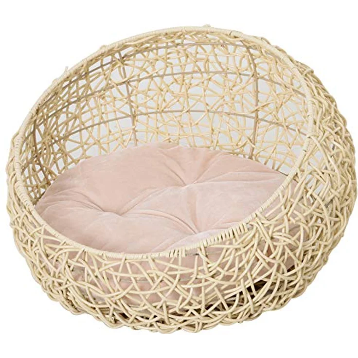 PawHut Katzenbett aus Rattan Katzenhöhle mit Kissen Katzenkorb Hundebett Katzenschlafplatz Hundehütte Tierbett für Katzen Hunde Beige Ø56 x 35 cm – Bild 1