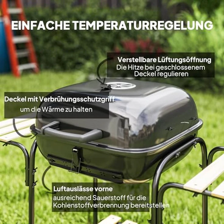 Outsunny Holzkohlegrill aus Stahl, fahrbar mit abschließbarem Deckel, 1840 cm² Grillfläche, zwei seitliche Ablagen, schwarz – Bild 4