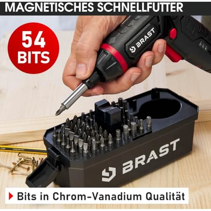 BRAST Akkuschrauber Akku Bohrschrauber, 4,0V Li-Ion mit 54 Chrom-Vanadium-Bits, schwenkbarem Kopf, USB-C Ladekabel und integriertem Überlastschutz – Bild 8