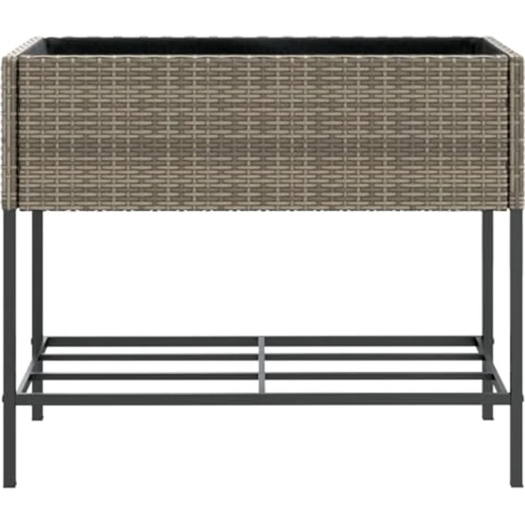 vidaXL Pflanzkübel mit Ablage Grau Poly Rattan, Outdoor Blumenkübel mit robustem Stahlgestell und praktischer Ablage – Bild 5