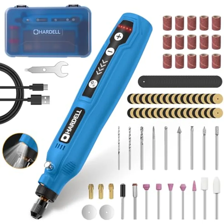 HARDELL Mini Akku Rotationswerkzeug, 5 Geschwindigkeiten (5000-18000 U/min), mit LED und 69 Zubehörteilen für Gravur und Basteln, pink-129pcs