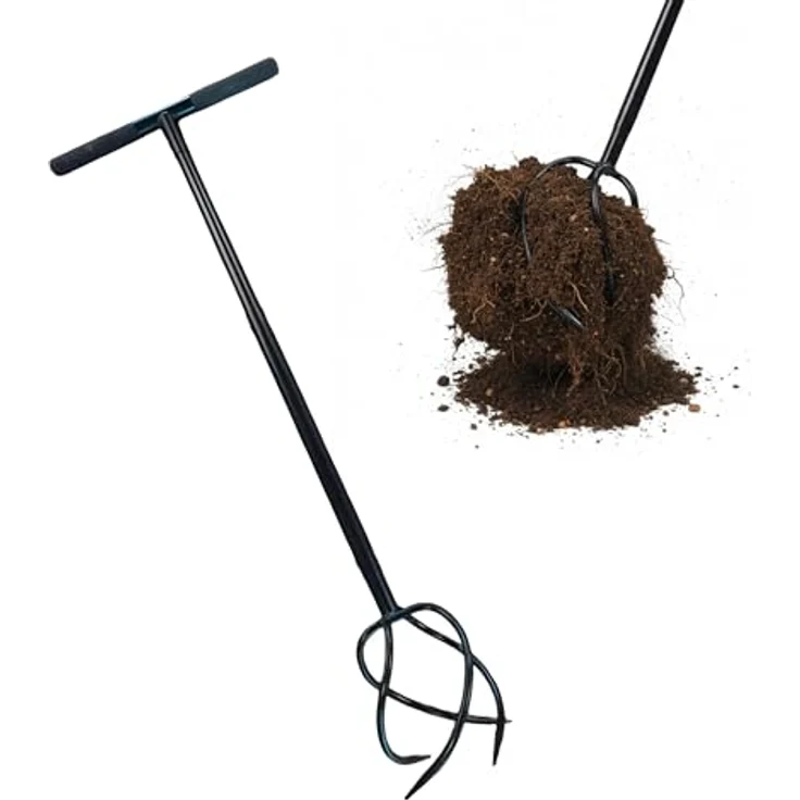 relaxdays Kultivator Gartenkralle mit Stiel, 20 cm Arbeitsbreite, schwarz, mit 4 spiralförmigen Zinken zur effektiven Bodenbearbeitung und Unkrautentfernung – Bild 1
