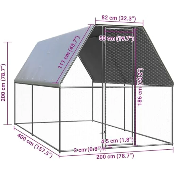 vidaXL Hühnerstall, Outdoor-Hühnerkäfig 2x4x2 m aus verzinktem Stahl, wasserabweisendes Dach, silbern/silbergrau – Bild 7