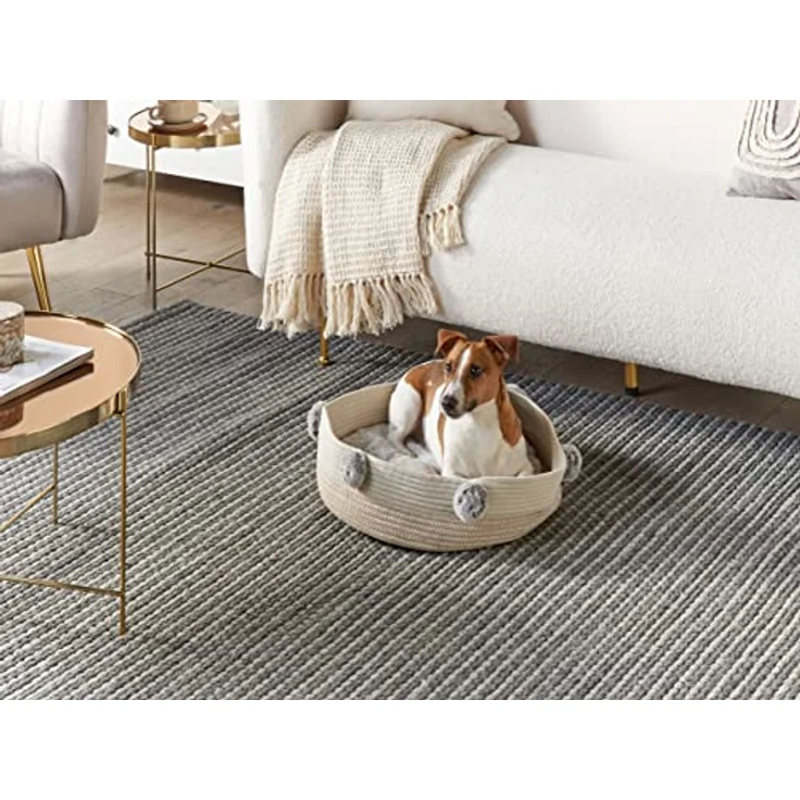 Beliani Runde flauschige Tierbett aus Baumwolle für Hunde Katzen, Beige, Ø 44 cm, mit dekorativen Pompons – Bild 2