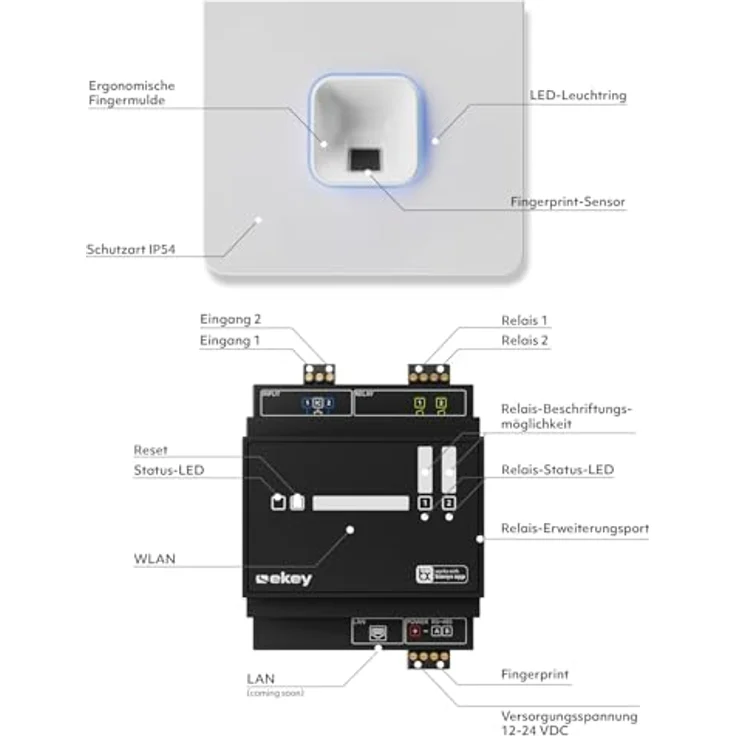 EKEY 204716 sLine Fingerprintset, Biometrische Zutrittslösung für Gira 106 Sprechanlagenmodul in Verkehrsweiß, Schwarzer Fingerprint, 0,4 W, 12-24 V, bis zu 100 Benutzer erweiterbar – Bild 4