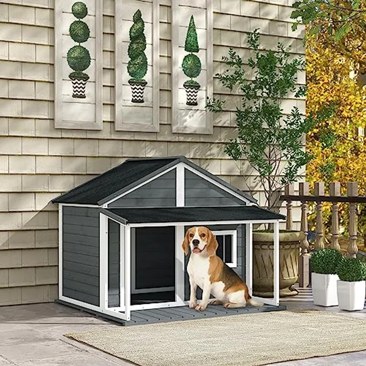 PawHut Hundehütte aus Massivholz Kleintierhaus Hundehaus mit Terrasse Asphaltdach Outdoor wetterfeste Hütte für draußen Grau 124 x 112 x 105 cm – Bild 2