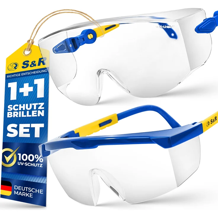 S&R Arbeitsschutzbrille Überbrille für Brillenträger, Stoßfestes Polycarbonat, Transparent, UV 400 Schutz, EN166, Verstellbare Bügel, Set mit 2 Stück inkl. Schützhülle und Reinigungstuch – Bild 1