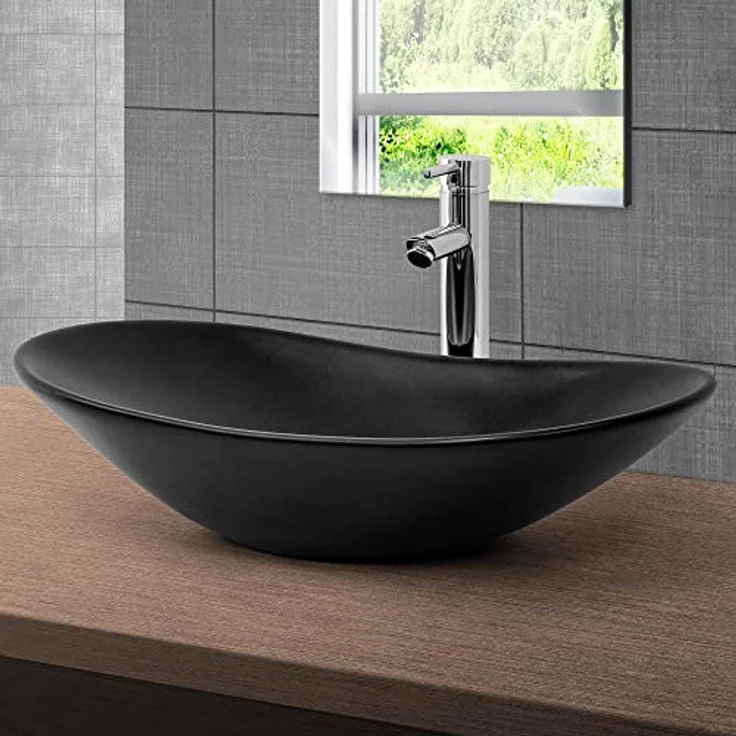 ML-Design Waschbecken aus Keramik in Schwarz matt 63 x 36 x 15,5 cm, Ovale Aufsatzwaschbecken, Moderne Waschtisch, Waschschale mit Abflussloch, Waschplatz Handwaschbecken, für Badezimmer/Gäste-WC – Bild 1