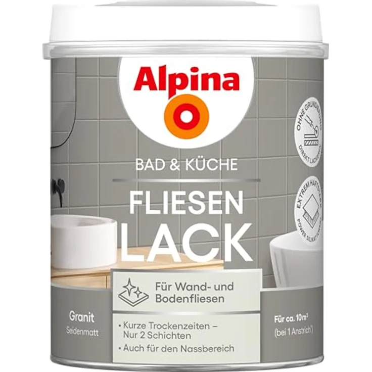 Alpina Fliesenlack 2K Granit, seidenmatt, wasserbasierend, 750 ml für 10 m², innen geeignet – Bild 1