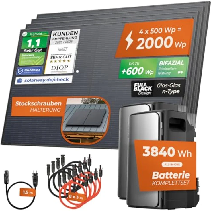 Solarway Balkonkraftwerk 2000 Wp / 800 W mit 3,8 kWh Speicher, Komplettset mit 2× EcoFlow STREAM Max (je 1,9 kWh), 4× 500 W Solarmodule und Plug & Play Wechselrichter – Bild 2