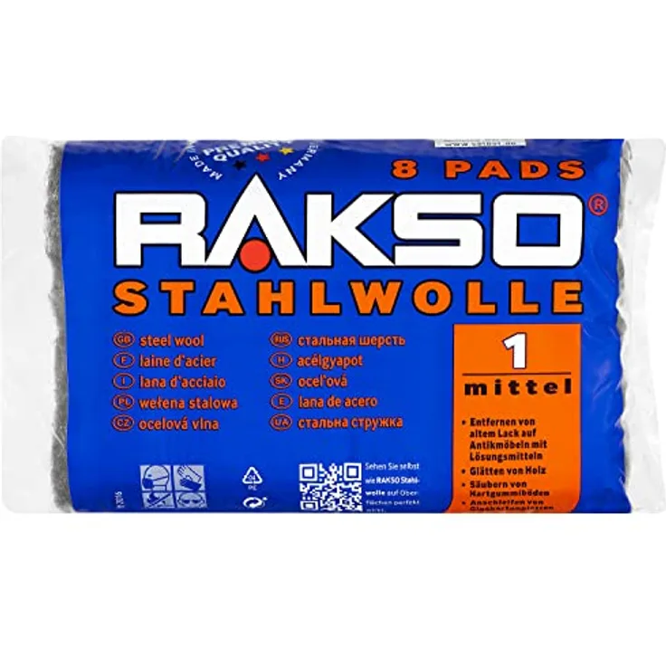 RAKSO Stahlwolle mittel 1 | 200g, 8 Pads, glättet Holz, entfernt alten Lack von Antikmöbeln, säubert Hartgummiböden