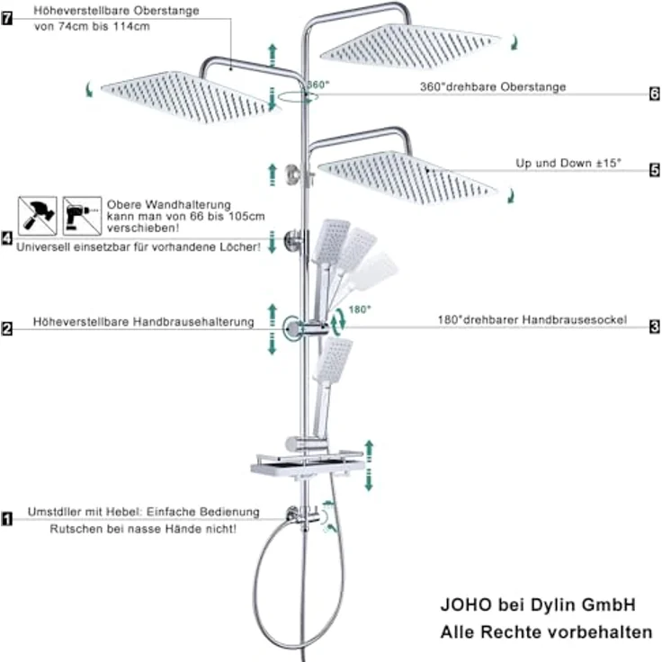 JOHO Edelstahl Duschsystem, XXL-Regendusche 35x25 cm ohne Armatur, verstellbare Duschstange, chrom – Bild 5
