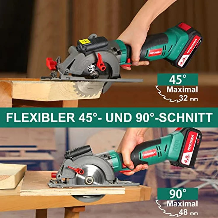 Handkreissäge 18V, HYCHIKA Kreissäge mit 4,0Ah Akku 3500U mit 3 Sägeblättern (115 & 125mm), Laserführung & führungsschiene, Max Schnitttiefe 48mm(90°)/32mm(45°), Mini Kreissäge für Holz, Weichmetall – Bild 2